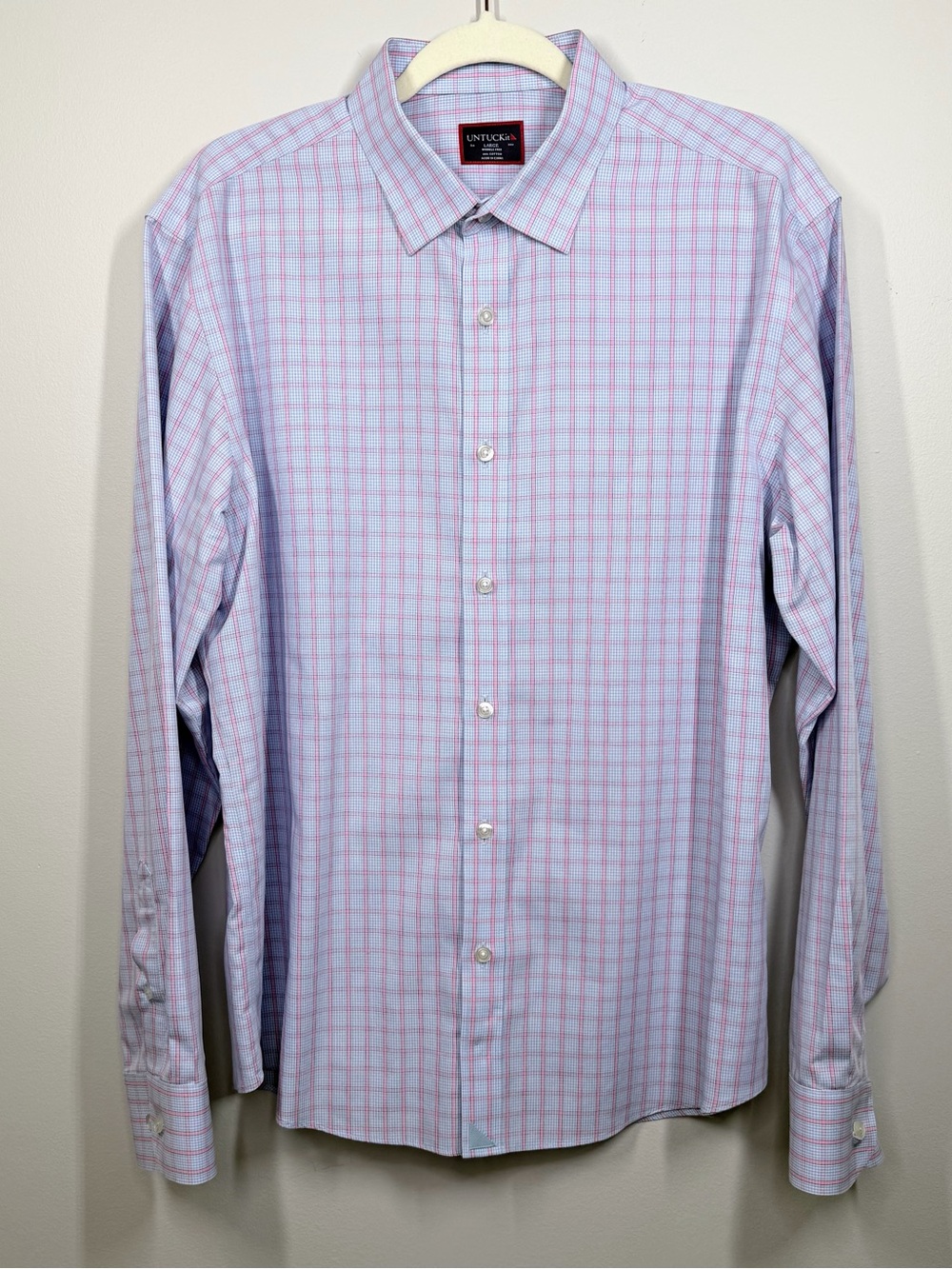 UNTUCKit Edoardo Wrinkle-Free Checkered Shirt Blue/Pink Large, Preppy/Coastal